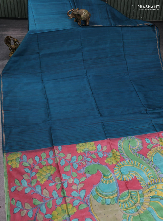 Pure soft silk saree peacock green and pink with plain body and kalamkari hand printed pallu