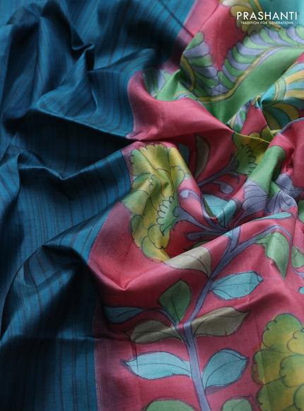 Pure soft silk saree peacock green and pink with plain body and kalamkari hand printed pallu