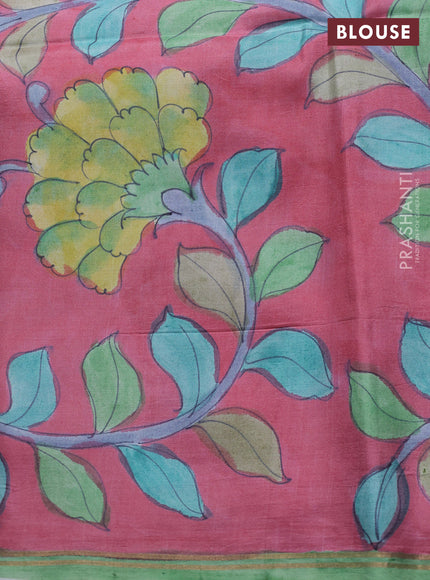 Pure soft silk saree peacock green and pink with plain body and kalamkari hand printed pallu