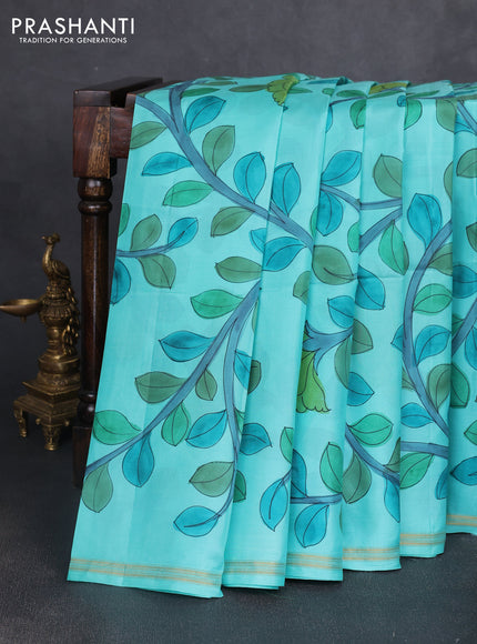 Pure soft silk saree teal blue and pink with allover kalamkari hand painted prints and kalamkari hand printed pallu
