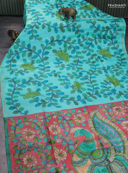 Pure soft silk saree teal blue and pink with allover kalamkari hand painted prints and kalamkari hand printed pallu
