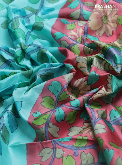 Pure soft silk saree teal blue and pink with allover kalamkari hand painted prints and kalamkari hand printed pallu