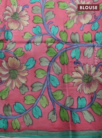 Pure soft silk saree teal blue and pink with allover kalamkari hand painted prints and kalamkari hand printed pallu