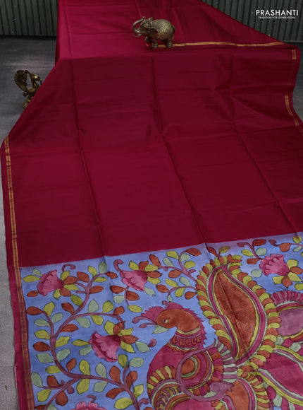 Pure soft silk saree maroon and blue shade with plain body and kalamkari hand printed pallu