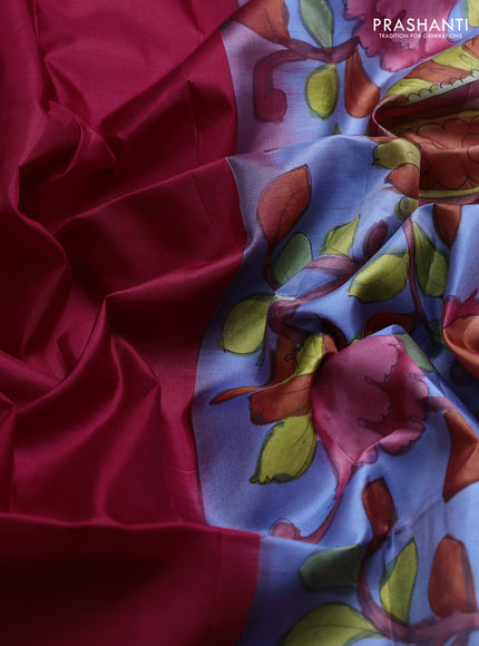 Pure soft silk saree maroon and blue shade with plain body and kalamkari hand printed pallu