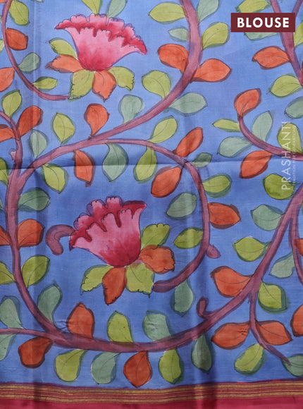 Pure soft silk saree maroon and blue shade with plain body and kalamkari hand printed pallu