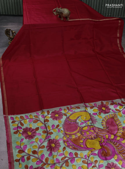 Pure soft silk saree maroon and pastel green with plain body and kalamkari hand printed pallu