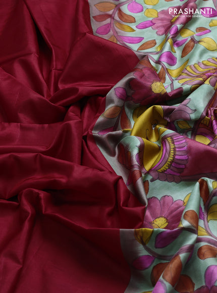 Pure soft silk saree maroon and pastel green with plain body and kalamkari hand printed pallu