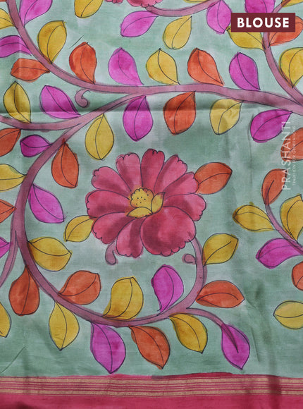 Pure soft silk saree maroon and pastel green with plain body and kalamkari hand printed pallu