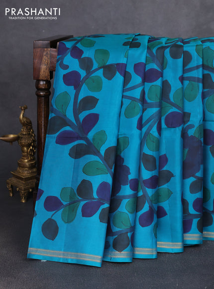 Pure soft silk saree cs blue and mustard yellow with allover kalamkari hand painted prints and kalamkari hand printed pallu