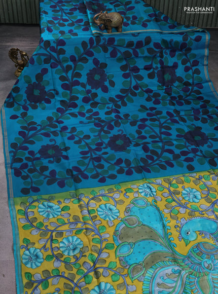 Pure soft silk saree cs blue and mustard yellow with allover kalamkari hand painted prints and kalamkari hand printed pallu
