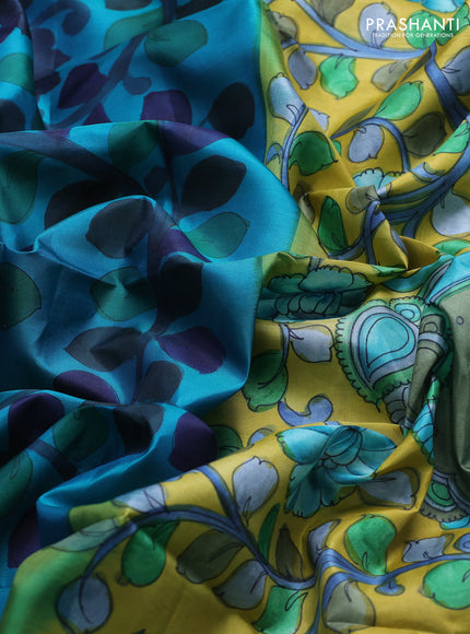 Pure soft silk saree cs blue and mustard yellow with allover kalamkari hand painted prints and kalamkari hand printed pallu