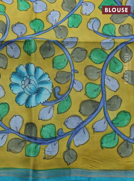 Pure soft silk saree cs blue and mustard yellow with allover kalamkari hand painted prints and kalamkari hand printed pallu