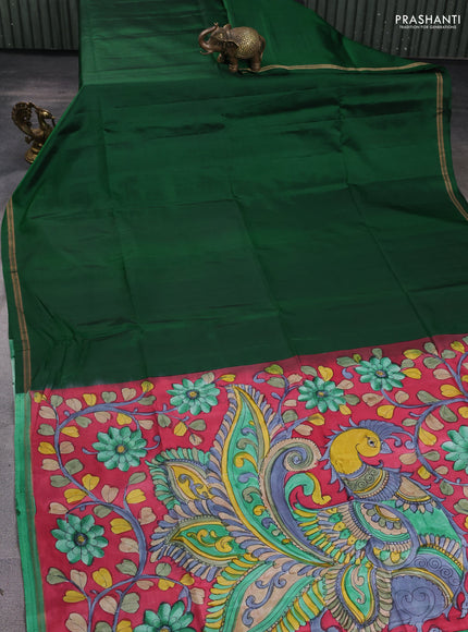 Pure soft silk saree green and pink with plain body and kalamkari hand printed pallu