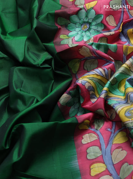 Pure soft silk saree green and pink with plain body and kalamkari hand printed pallu