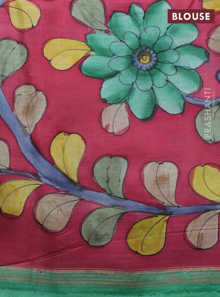 Pure soft silk saree green and pink with plain body and kalamkari hand printed pallu
