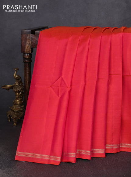 Pure soft silk saree dual shade of pinkish orange and yellow with plain body and kalamkari hand printed pallu