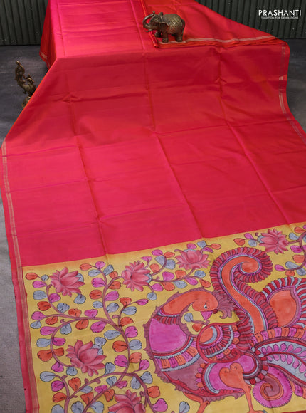 Pure soft silk saree dual shade of pinkish orange and yellow with plain body and kalamkari hand printed pallu