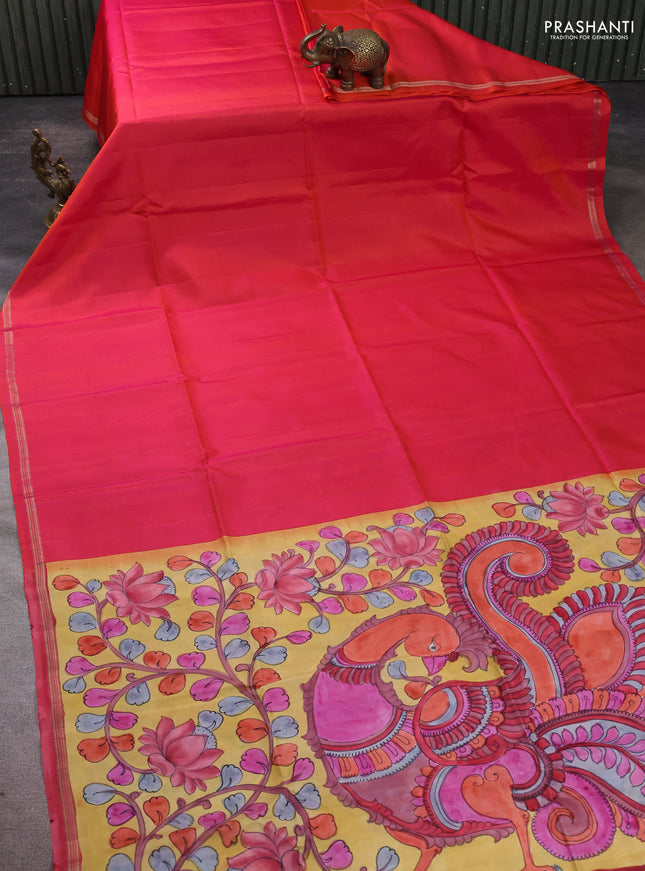 Pure soft silk saree dual shade of pinkish orange and yellow with plain body and kalamkari hand printed pallu