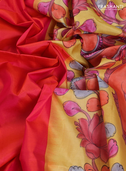 Pure soft silk saree dual shade of pinkish orange and yellow with plain body and kalamkari hand printed pallu