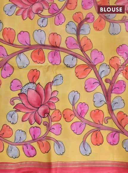 Pure soft silk saree dual shade of pinkish orange and yellow with plain body and kalamkari hand printed pallu