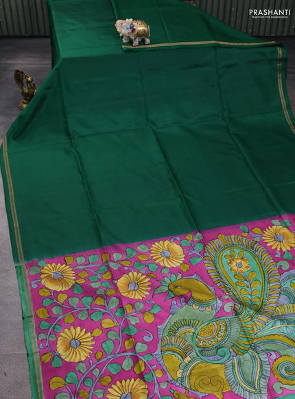 Pure soft silk saree green and purple with plain body and kalamkari hand printed pallu