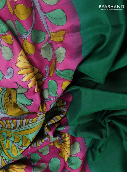Pure soft silk saree green and purple with plain body and kalamkari hand printed pallu