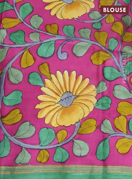 Pure soft silk saree green and purple with plain body and kalamkari hand printed pallu