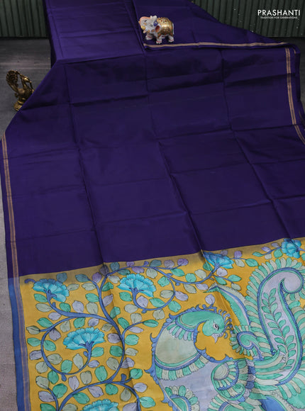 Pure soft silk saree navy blue and yellow with plain body and kalamkari hand printed pallu