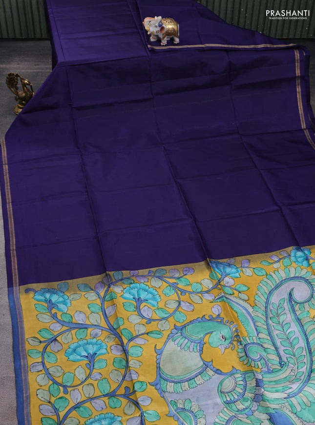 Pure soft silk saree navy blue and yellow with plain body and kalamkari hand printed pallu