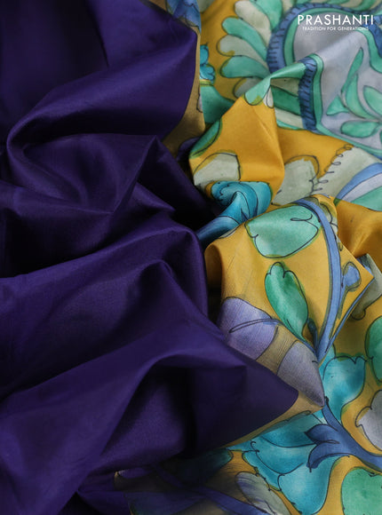 Pure soft silk saree navy blue and yellow with plain body and kalamkari hand printed pallu