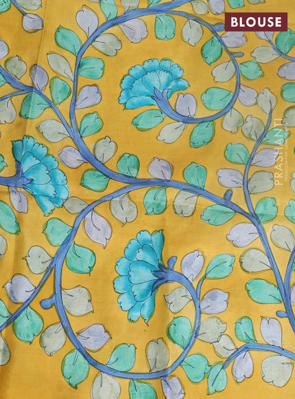 Pure soft silk saree navy blue and yellow with plain body and kalamkari hand printed pallu