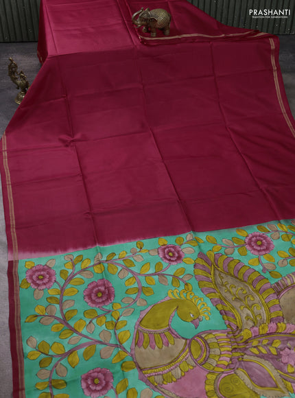 Pure soft silk saree tomato red and teal green with plain body and kalamkari hand printed pallu