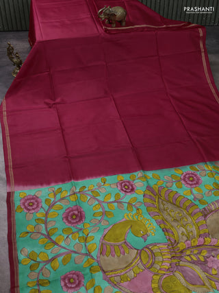 Pure soft silk saree tomato red and teal green with plain body and kalamkari hand printed pallu