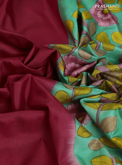 Pure soft silk saree tomato red and teal green with plain body and kalamkari hand printed pallu