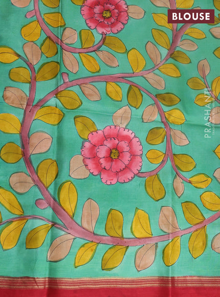 Pure soft silk saree tomato red and teal green with plain body and kalamkari hand printed pallu