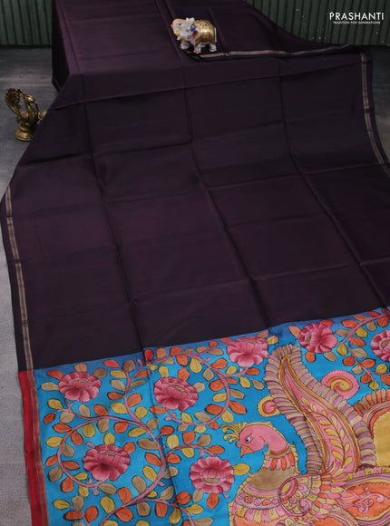 Pure soft silk saree wine shade and cs blue with plain body and kalamkari hand printed pallu