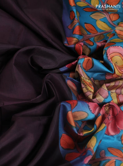 Pure soft silk saree wine shade and cs blue with plain body and kalamkari hand printed pallu
