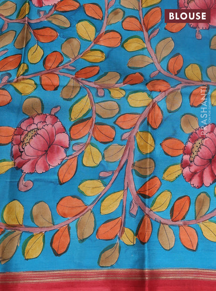 Pure soft silk saree wine shade and cs blue with plain body and kalamkari hand printed pallu