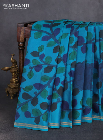 Pure soft silk saree teal blue and mauve pink with allover kalamkari prints and kalamkari hand printed pallu