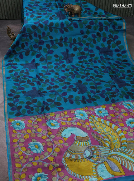 Pure soft silk saree teal blue and mauve pink with allover kalamkari prints and kalamkari hand printed pallu