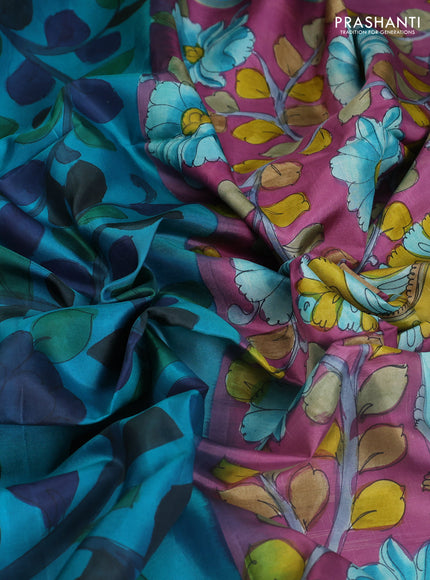 Pure soft silk saree teal blue and mauve pink with allover kalamkari prints and kalamkari hand printed pallu
