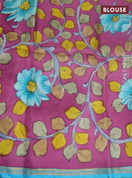 Pure soft silk saree teal blue and mauve pink with allover kalamkari prints and kalamkari hand printed pallu