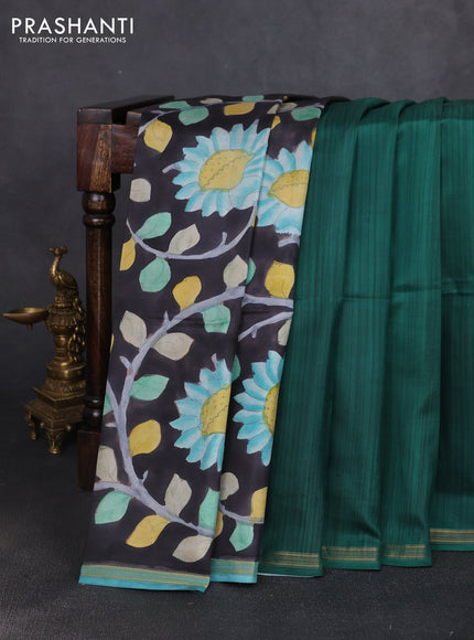 Pure soft partly silk saree green and black with plain body and kalamkari hand printed pallu