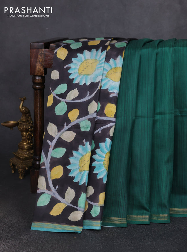Pure soft partly silk saree green and black with plain body and kalamkari hand printed pallu