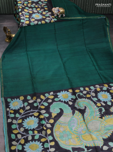 Pure soft partly silk saree green and black with plain body and kalamkari hand printed pallu