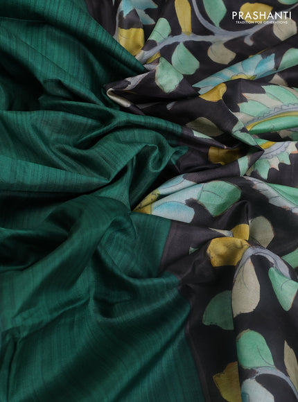 Pure soft partly silk saree green and black with plain body and kalamkari hand printed pallu