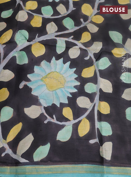 Pure soft partly silk saree green and black with plain body and kalamkari hand printed pallu