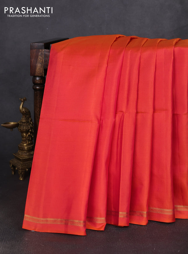 Pure soft silk saree dual shade of pinkish orange and pastel green with plain body and kalamkari hand printed pallu