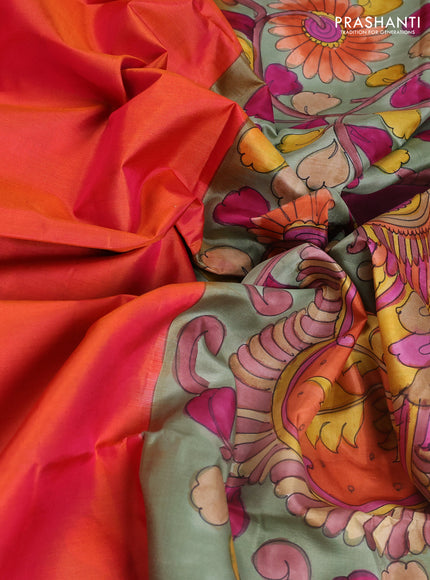 Pure soft silk saree dual shade of pinkish orange and pastel green with plain body and kalamkari hand printed pallu
